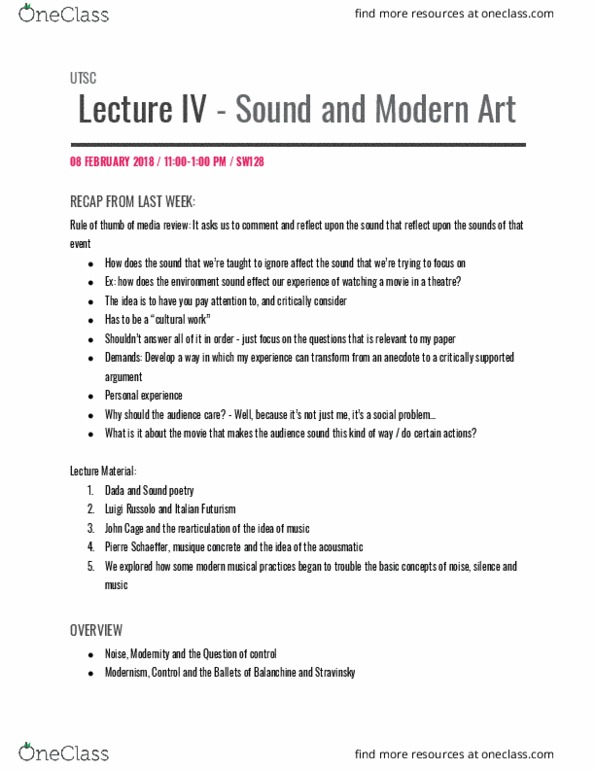 MDSB63H3 Lecture Notes - Lecture 4: Luigi Russolo, Pierre Schaeffer, Sound Poetry thumbnail