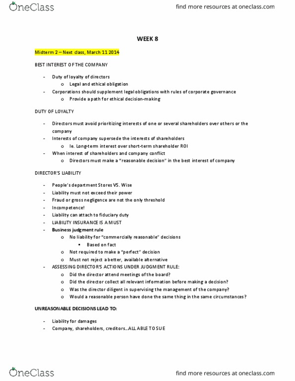 COMM 315 Lecture Notes - Lecture 4: Business Judgment Rule, Bernard Madoff, Fiduciary thumbnail
