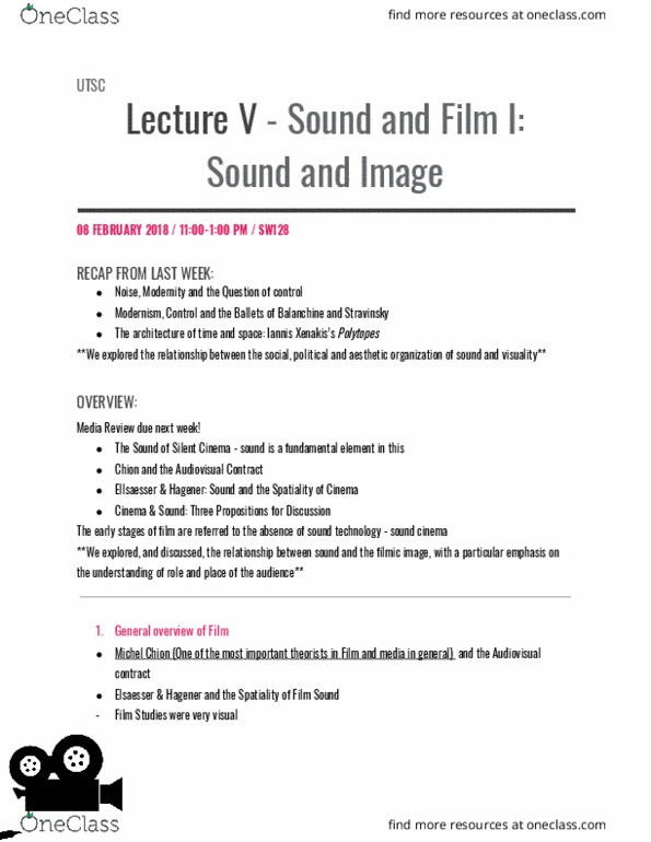 MDSB63H3 Lecture Notes - Lecture 5: Michel Chion, Kuselan, Sound Recording And Reproduction thumbnail