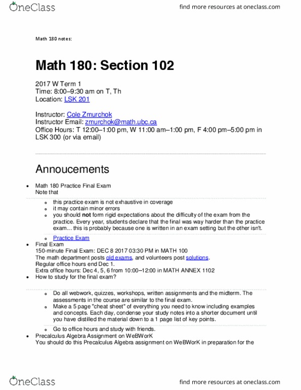MATH 180 Lecture Notes - Lecture 14: Precalculus thumbnail