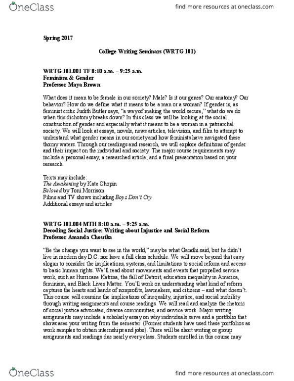 WRTG-106 Lecture Notes - Lecture 1: Kate Chopin, Toni Morrison, Judith Butler thumbnail