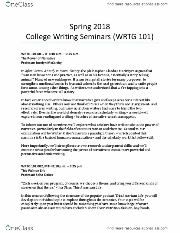 WRTG-106 Lecture Notes - Lecture 1: Alasdair Macintyre, After Virtue, Ira Glass thumbnail