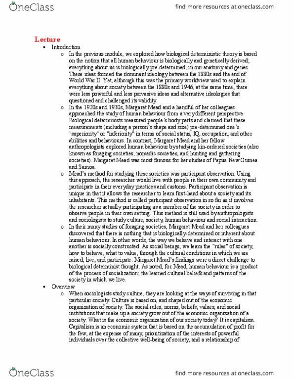 SOC 103 Lecture Notes - Lecture 3: Margaret Mead, Biological Determinism, Participant Observation thumbnail
