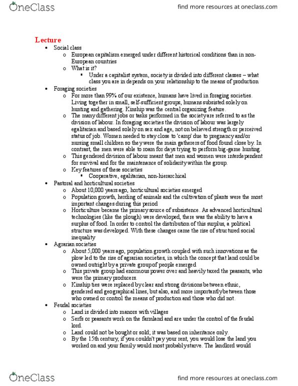 SOC 202 Lecture Notes - Lecture 2: Labour Power, Social Inequality, Social Class thumbnail