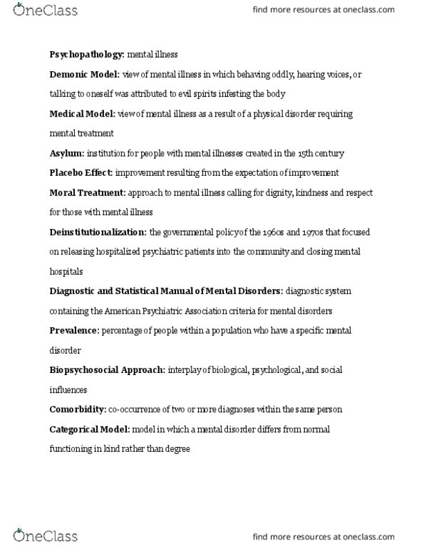 PSY 1001 Chapter Notes - Chapter 15: American Psychiatric Association, Mental Disorder, Moral Treatment thumbnail