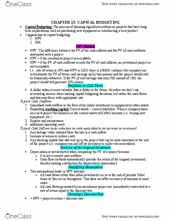 RSM222H1 Chapter Notes - Chapter 13: Capital Budgeting, Cash Flow, Net Present Value thumbnail