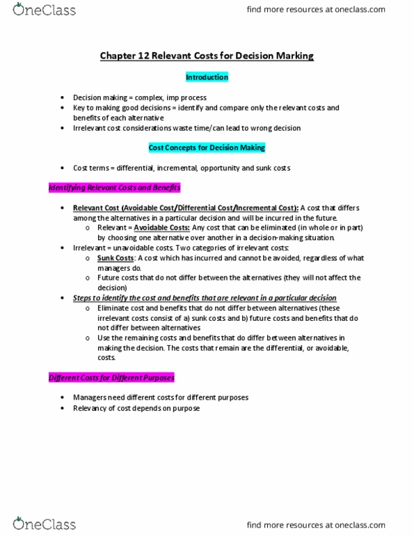 RSM222H1 Chapter Notes - Chapter 12: Sunk Costs, Opportunity Cost, Decision-Making thumbnail