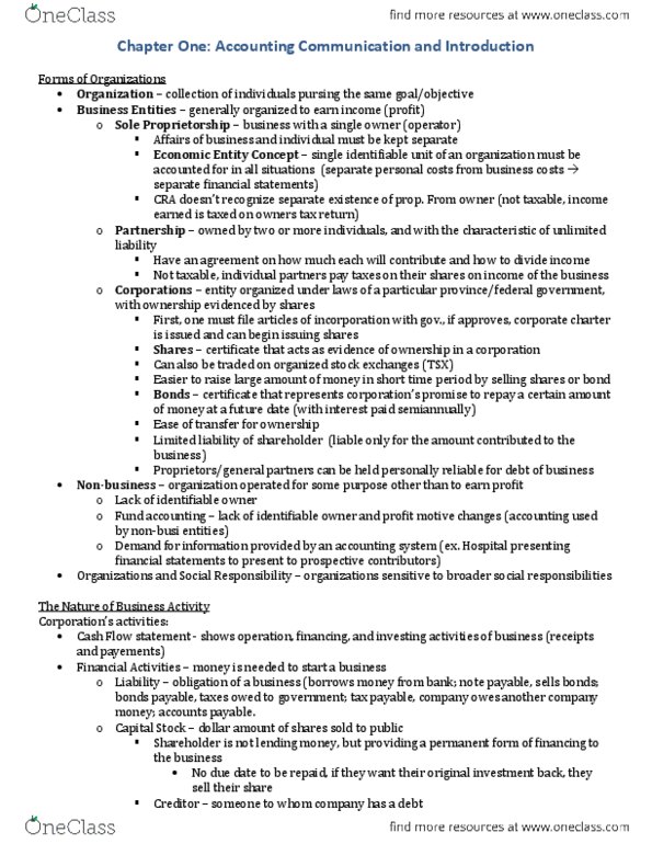 ACC 100 Chapter Notes - Chapter 1: Sole Proprietorship, Retained Earnings, Standard Cost Accounting thumbnail