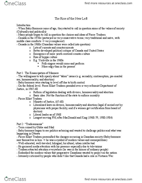 HISTORY 3N03 Lecture Notes - Lecture 12: Pierre Trudeau, Baby Boomers, Premarital Sex thumbnail