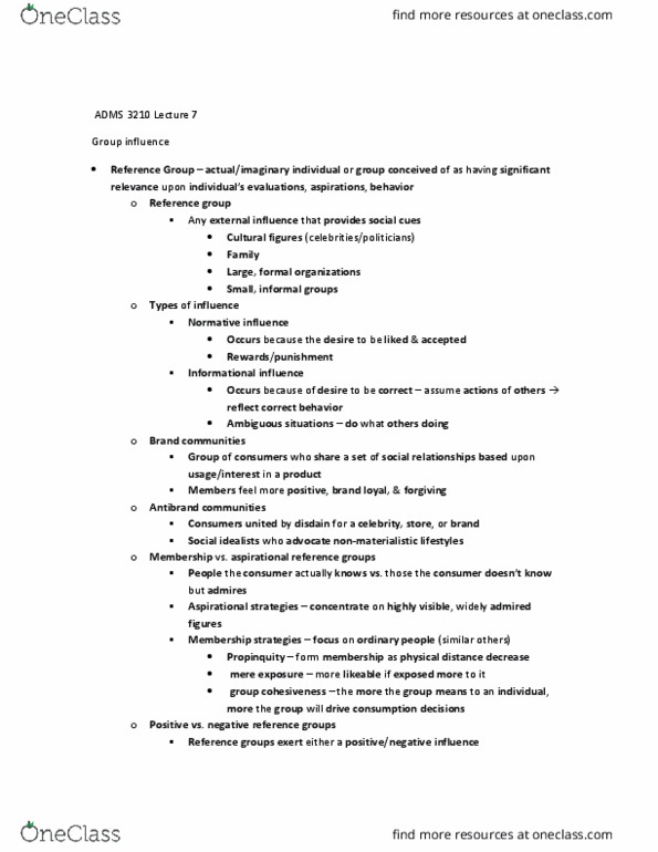 ADMS 3210 Lecture Notes - Lecture 7: Group Cohesiveness, Reinforcement, Ascribed Status thumbnail