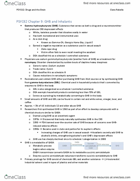 PSYC62H3 Chapter Notes - Chapter 9: Prodrug, Succinic Semialdehyde, Pentobarbital thumbnail