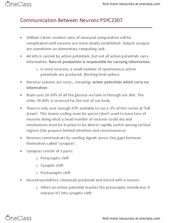 PSYC 2307 Lecture Notes - Lecture 7: William H. Calvin, Neural Coding thumbnail