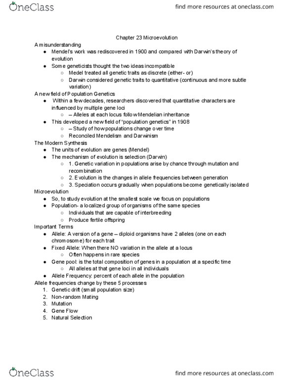 BIOL 211 Chapter Notes - Chapter 23: Meiosis, Speciation, Genetic Variation thumbnail