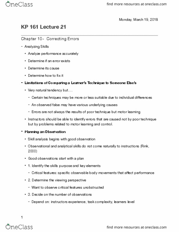 KP161 Lecture Notes - Lecture 21: Error Detection And Correction, Motor Learning, Decision-Making thumbnail