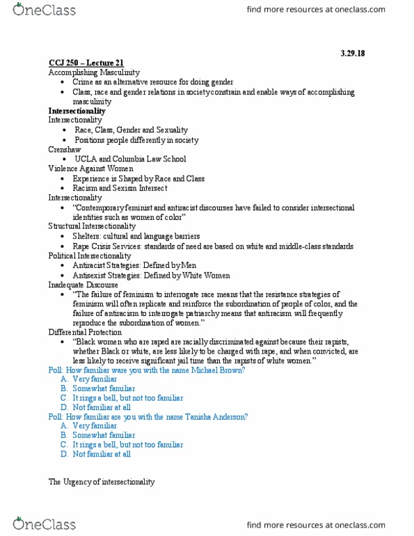 CCJ 250 Lecture Notes - Lecture 21: Feudalism, Intersectionality, Differential Association thumbnail