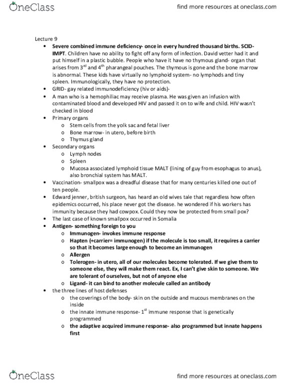 PHGY 209 Lecture Notes - Lecture 9: Edward Jenner, Cd154, B-Cell Receptor thumbnail