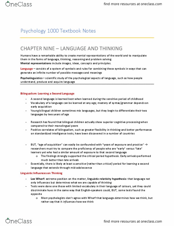 Psychology 1000 Chapter Notes - Chapter 9: Psycholinguistics, Preposition And Postposition, Sensory System thumbnail