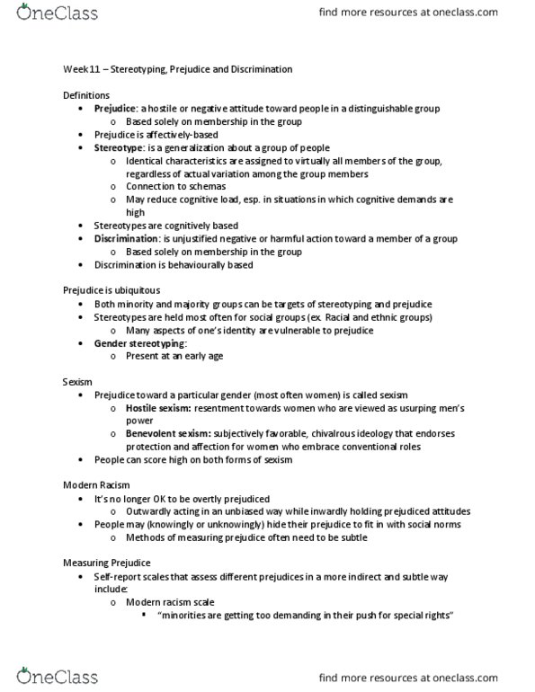 Psychology 2070A/B Lecture Notes - Lecture 11: Cognitive Load, Realistic Conflict Theory, In-Group Favoritism thumbnail