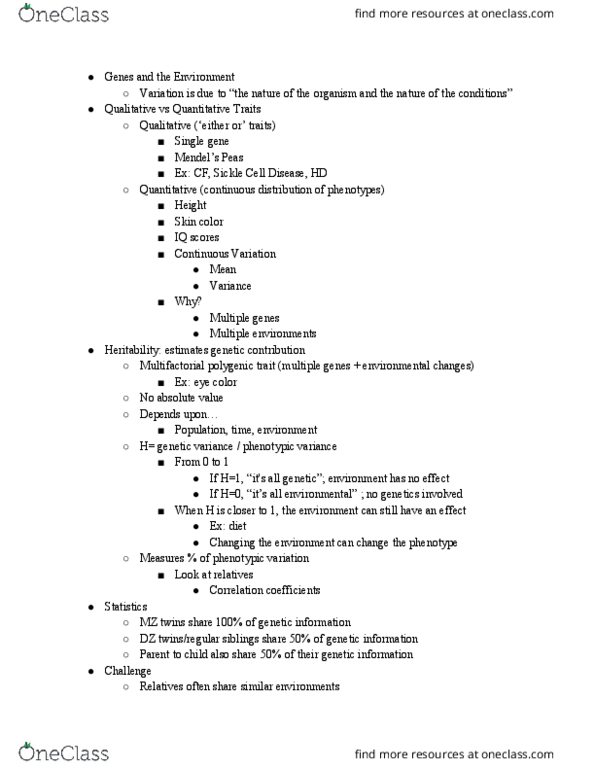 BISC104 Lecture Notes - Lecture 14: Twin, Sickle-Cell Disease, Quantitative Genetics thumbnail