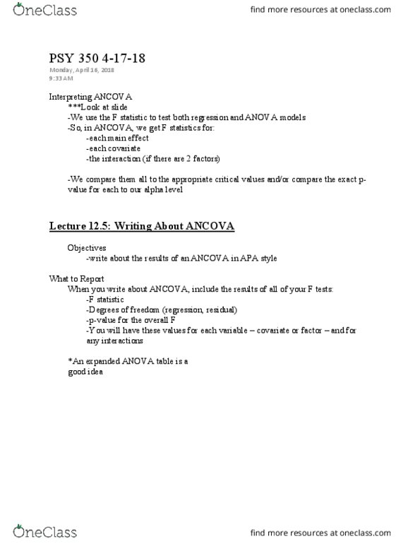 PSY 350 Lecture Notes - Lecture 55: John Tukey, Analysis Of Covariance, Apa Style thumbnail