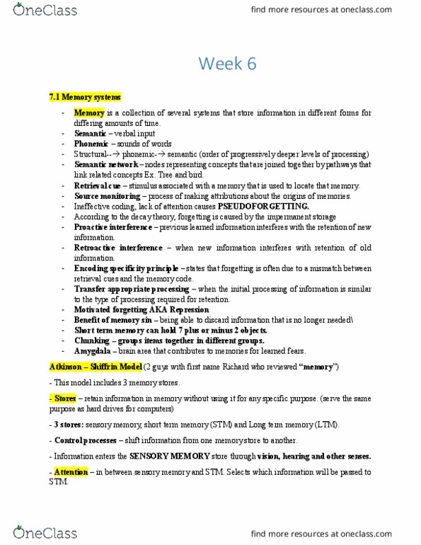 PSYCH101 Chapter Notes - Chapter 7: Toothpick, Self-Reference, Flashbulb Memory thumbnail