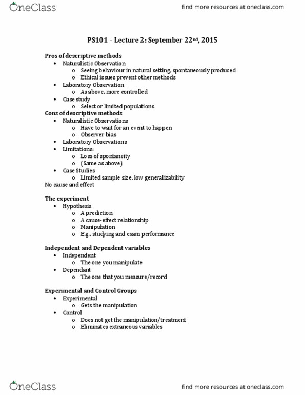 PS101 Lecture Notes - Lecture 2: Blind Experiment, Observer-Expectancy Effect, Selection Bias thumbnail