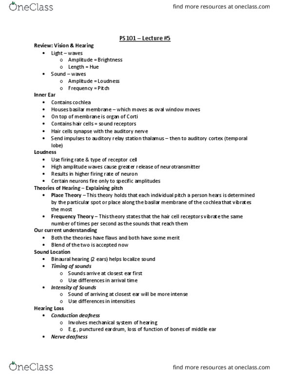 PS101 Lecture Notes - Lecture 5: Vestibular System, Olfactory Epithelium, Basilar Membrane thumbnail