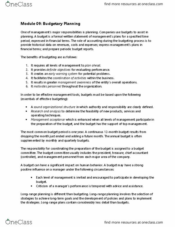 ACCT 2101 Chapter Notes - Chapter 9: Budget, Income Statement thumbnail