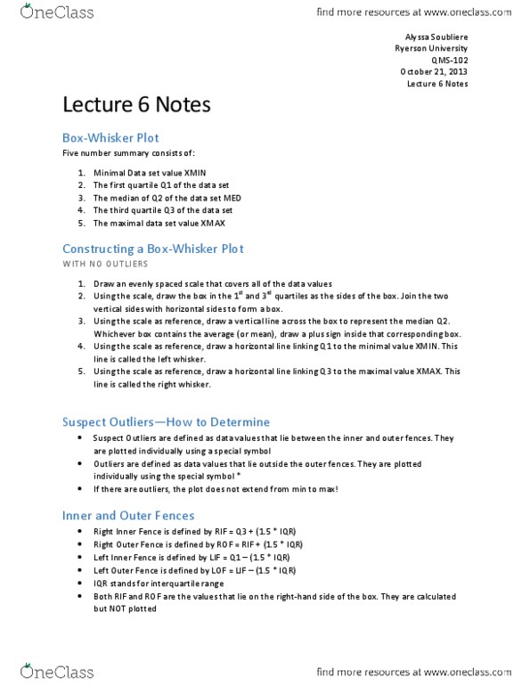 QMS 102 Lecture Notes - Quartile, Interquartile Range, Empirical Probability thumbnail