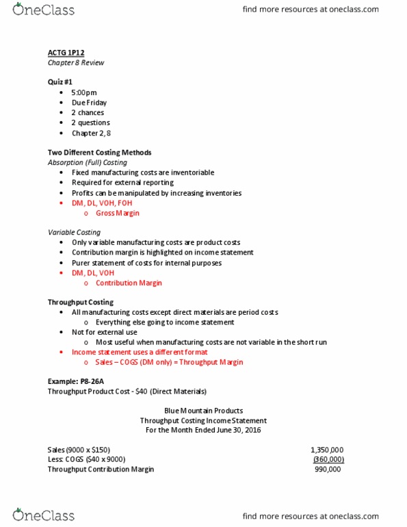 ACTG 1P12 Lecture Notes - Lecture 5: Earnings Before Interest And Taxes, Contribution Margin, Total Absorption Costing thumbnail