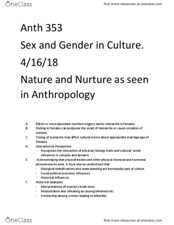 ANTH 353 Lecture Notes - Lecture 3: Beauty Pageant, Menarche, Masturbation thumbnail