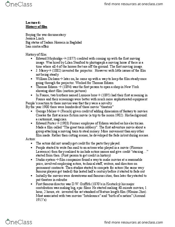 POL 128 Lecture Notes - Lecture 6: Citizen Kane, Warner Bros., Thomas Edison thumbnail
