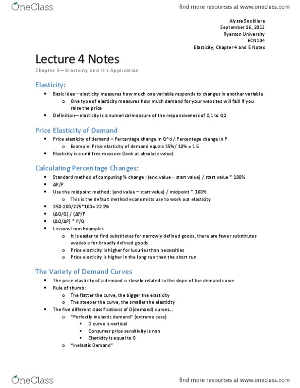ECN 104 Chapter Notes - Chapter 5: Midpoint Method, Ryerson University, Demand Curve thumbnail