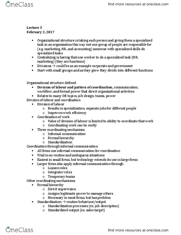 MHR 505 Lecture Notes - Lecture 3: Departmentalization, Cost Leadership, Role Conflict thumbnail