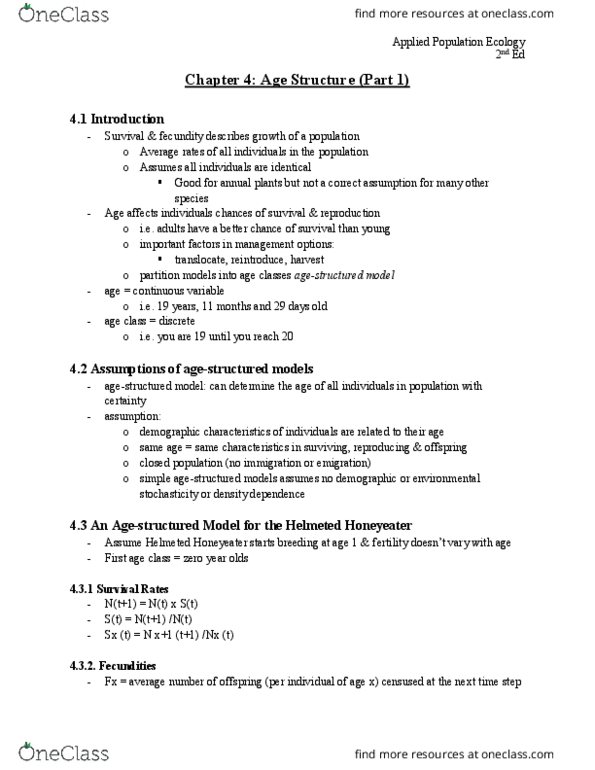 REM 311 Chapter Notes - Chapter 4: Leslie Matrix, First Age thumbnail