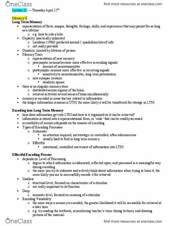 PSYC 1100 Lecture Notes - Lecture 21: Wolframite, Motor Learning, Long-Term Potentiation thumbnail