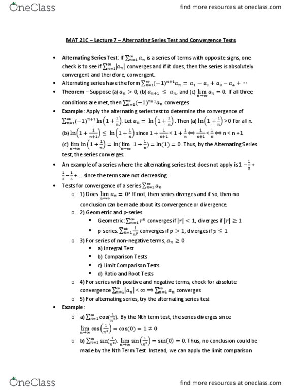 MAT 21C Lecture Notes - Lecture 7: Alternating Series Test, Limit Comparison Test, Alternating Series thumbnail