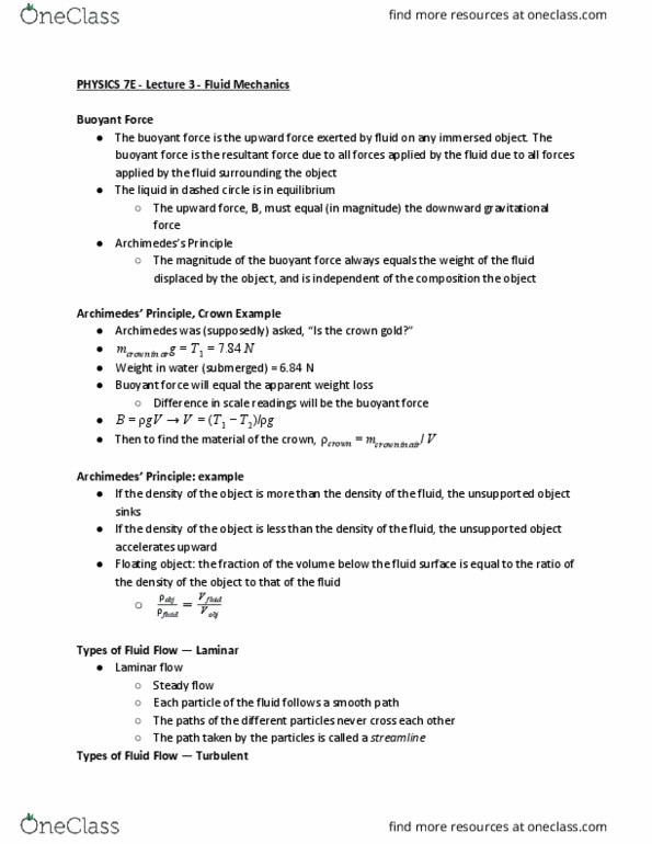 PHYSICS 7E Lecture Notes - Lecture 3: Perfect Fluid, Daniel Bernoulli, Buoyancy thumbnail