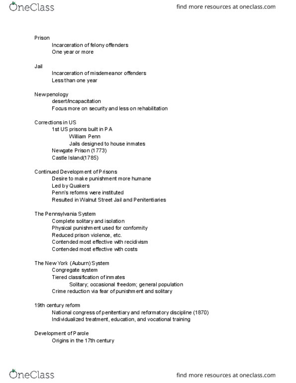 SOCI 2310 Lecture Notes - Lecture 21: Medical Model, Walnut Street Prison, Penology thumbnail