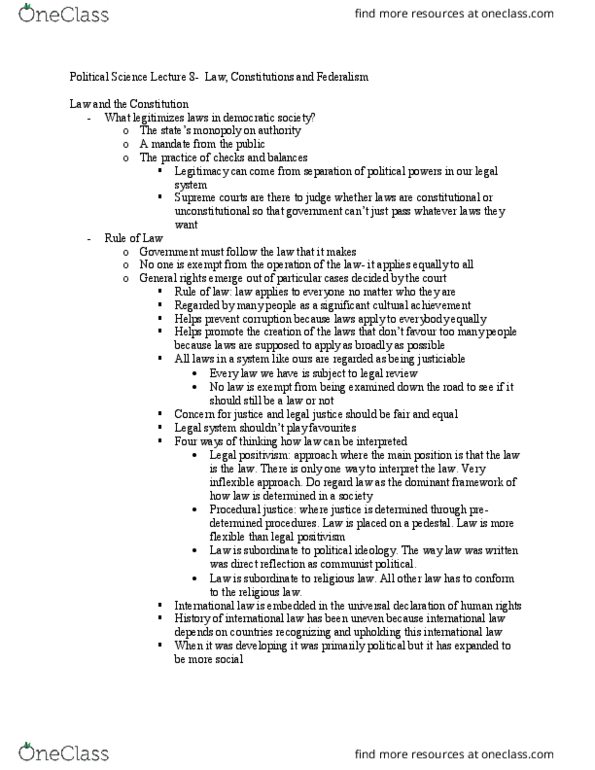 Political Science 1020E Lecture Notes - Lecture 8: Unanimous Consent, Originalism, Consociationalism thumbnail