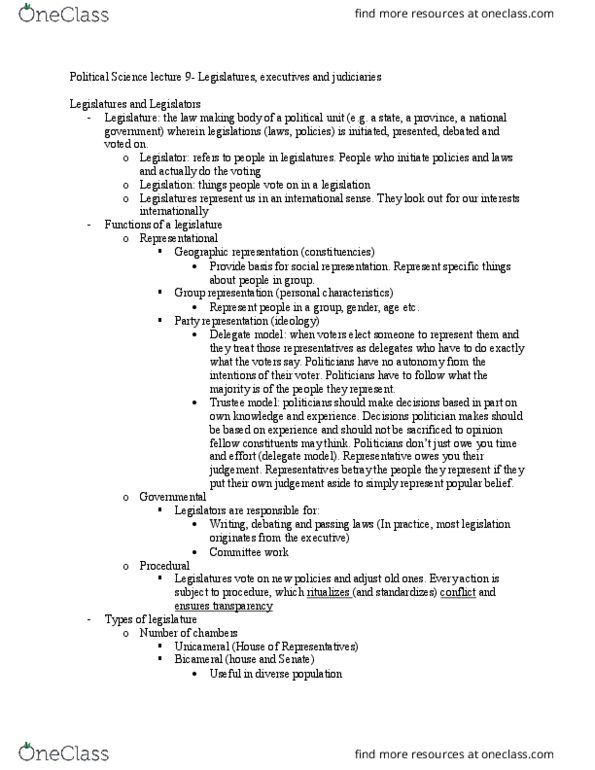 Political Science 1020E Lecture Notes - Lecture 9: Group Representation, Responsible Government thumbnail