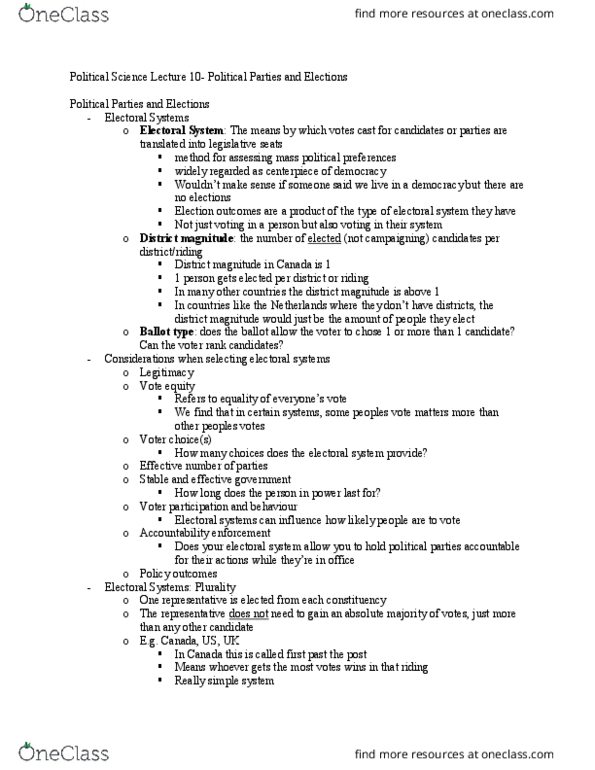 Political Science 1020E Lecture Notes - Lecture 10: Closed List, Wasted Vote, List Of Political Parties In Canada thumbnail