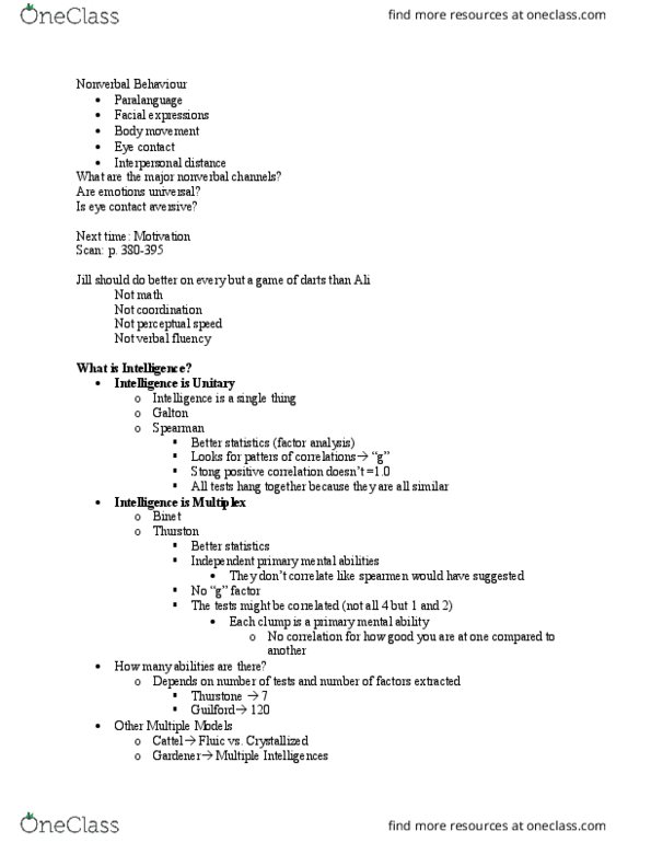 Psychology 1000 Lecture Notes - Lecture 5: Proxemics, Paralanguage, Theory Of Multiple Intelligences thumbnail