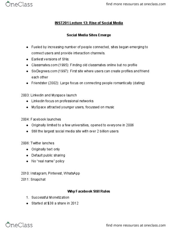 INST 201 Lecture Notes - Lecture 13: Curate, Sixdegrees.Com, Classmates.Com thumbnail