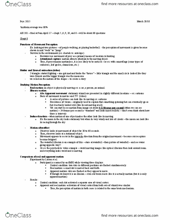 Psychology 2015A/B Lecture Notes - Lecture 8: Comparator, Jerky, Optical Flow thumbnail