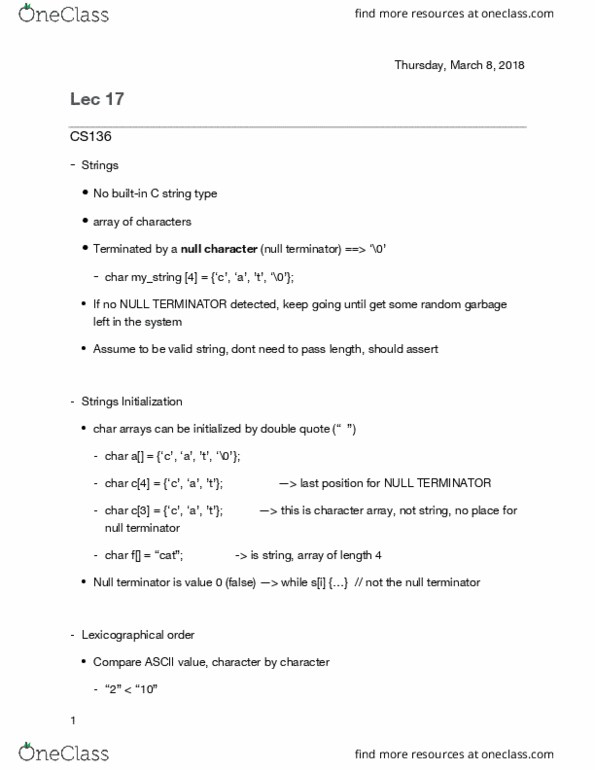 CS136 Lecture Notes - Lecture 17: Scanf Format String, String Literal, Null Character thumbnail