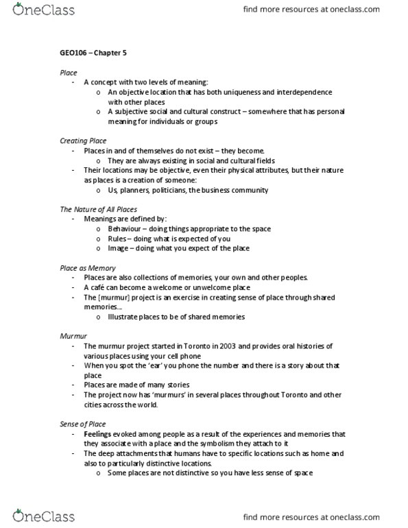 GEO 106 Lecture Notes - Lecture 4: Placemaking, The Emotions thumbnail