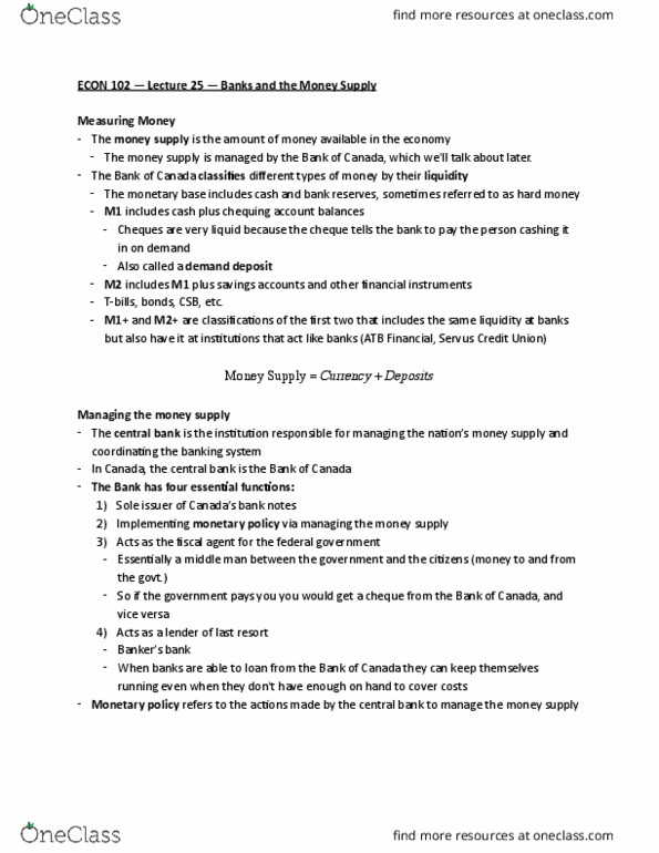 ECON102 Lecture Notes - Lecture 25: American Institute For Economic Research, Excess Reserves, Money Supply thumbnail