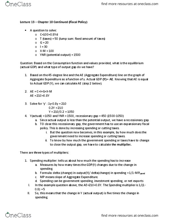 ECON102 Lecture Notes - Lecture 13: Aggregate Demand, Output Gap, Fiscal Multiplier thumbnail