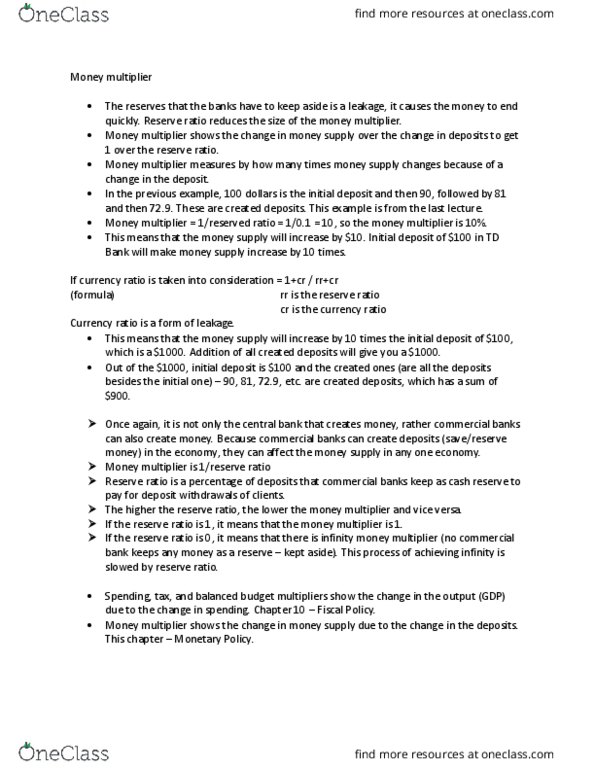 ECON102 Lecture Notes - Lecture 17: Output Gap, Overnight Rate, Money Multiplier thumbnail